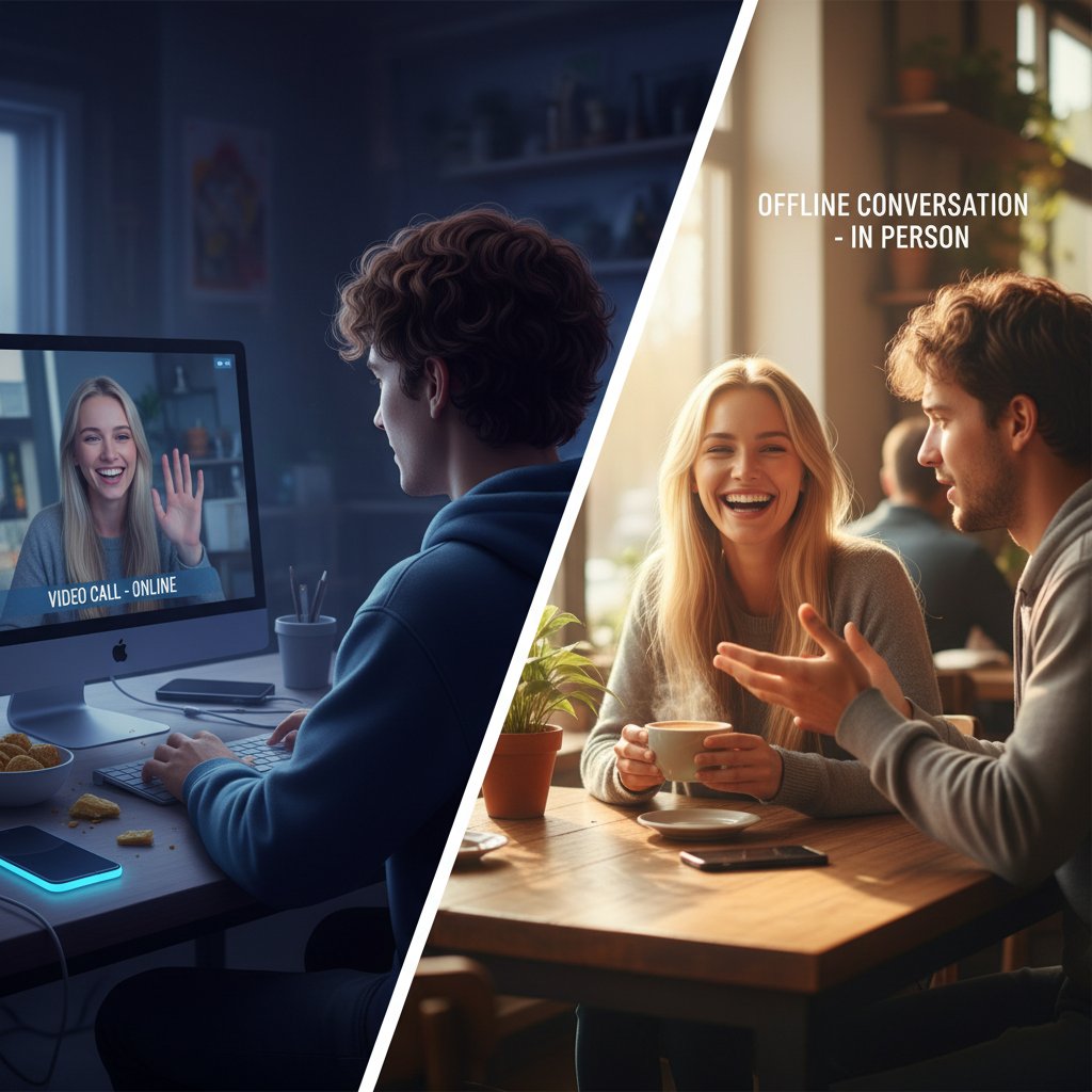 Dwie osoby rozmawiające – jedna przez komputer, druga na żywo, kontrast światów