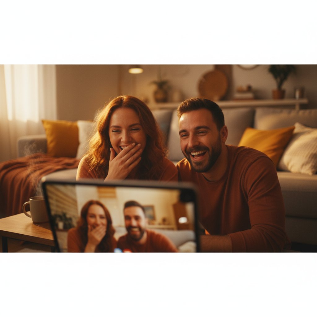 Sukcesy wirtualnych relacji – para prowadzi wideo rozmowę, śmieje się, ciepłe barwy, kinowy klimat