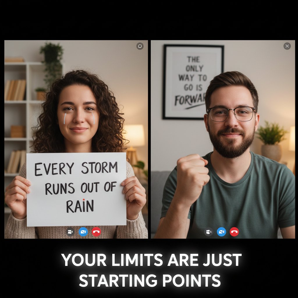 Dwie osoby na wideoczacie, wyraźnie poruszone rozmową, otoczone motywującymi cytatami na ekranie