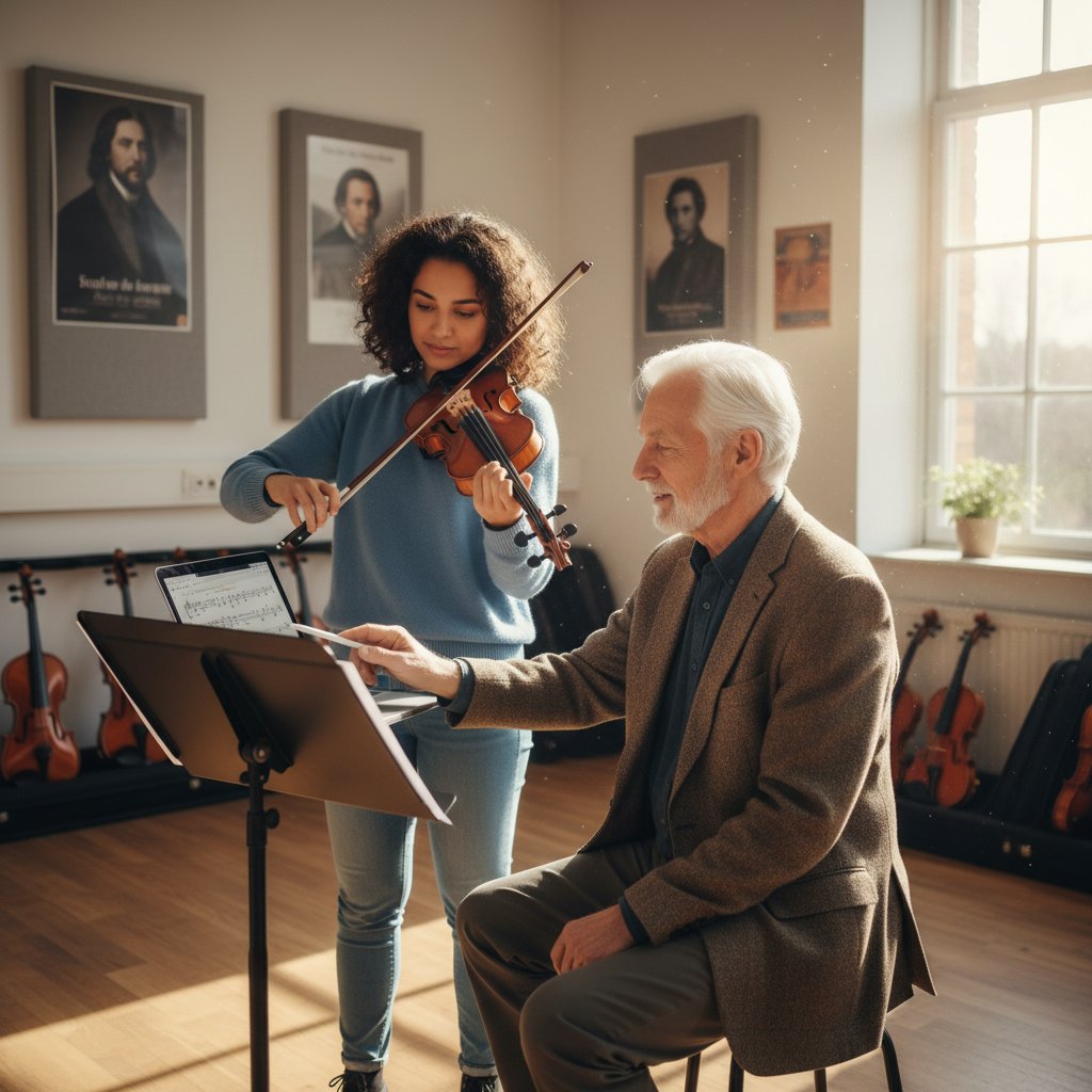Dwie osoby uczące się skrzypiec: jedna w szkole muzycznej, druga przy komputerze z kamerą