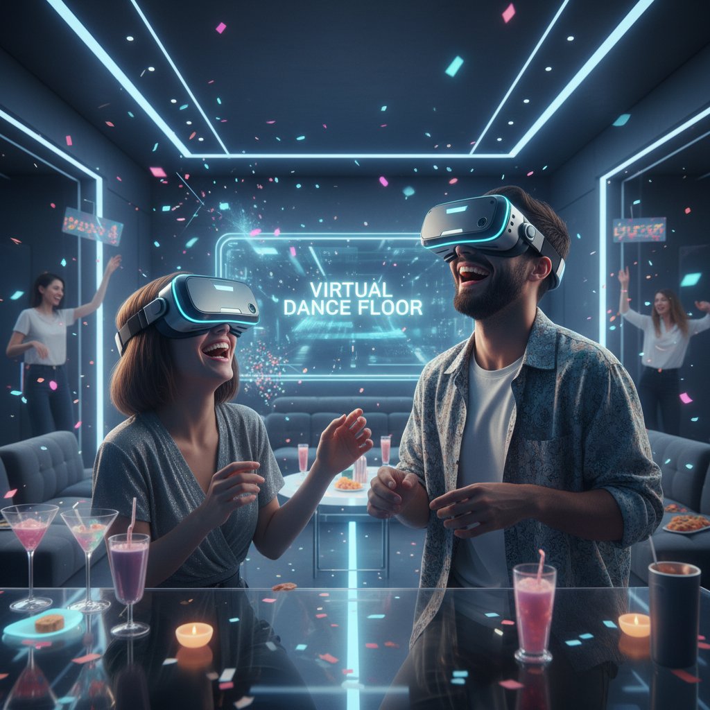 Dwie osoby noszące gogle VR, uczestniczące w wirtualnej imprezie, śmiejące się i gestykulujące