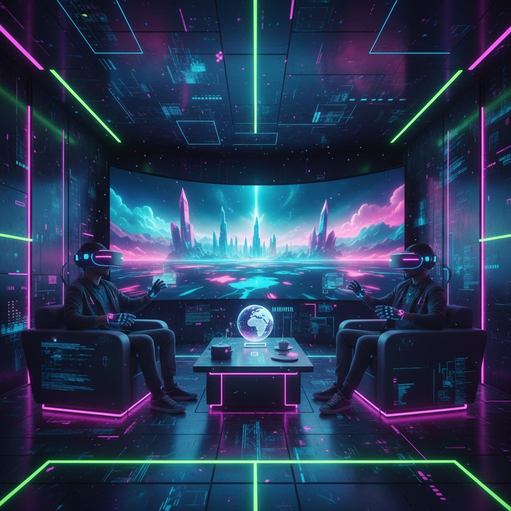 Dwie osoby w goglach VR rozmawiają ze sobą w cyfrowym salonie, światło neonowe