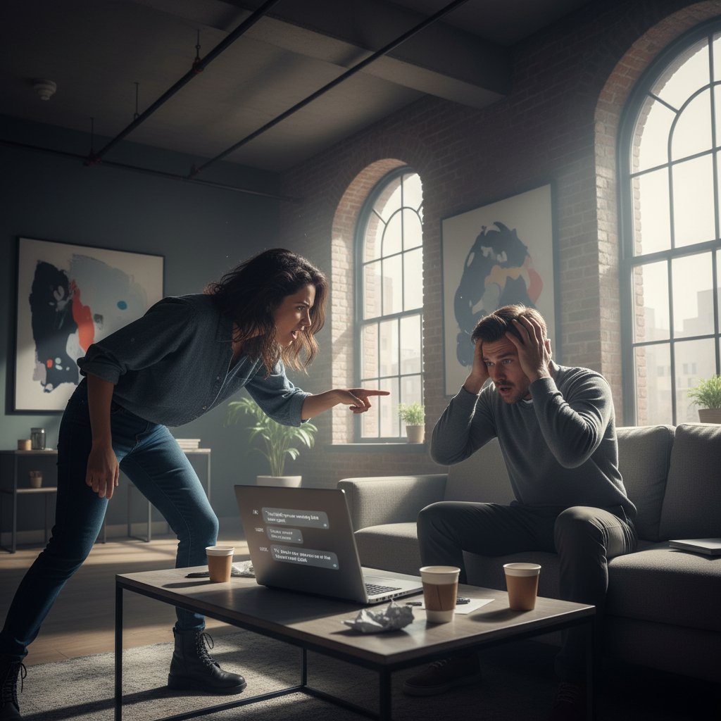 Dyskusja o autentyczności AI przy laptopie, ciekawe światło, urbanistyczne wnętrze