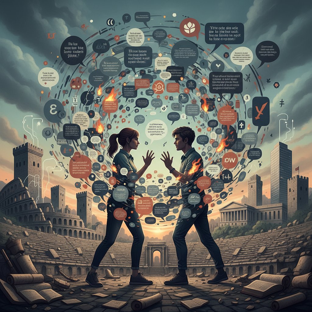 Rozmówcy zamknięci w bańce informacyjnej podczas debaty historycznej, powielanie tych samych opinii