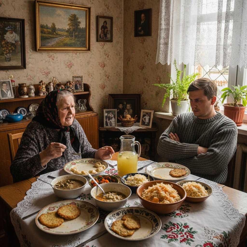 Dwie osoby spierające się przy stole, tradycyjne i wegetariańskie dania, polski klimat domowy