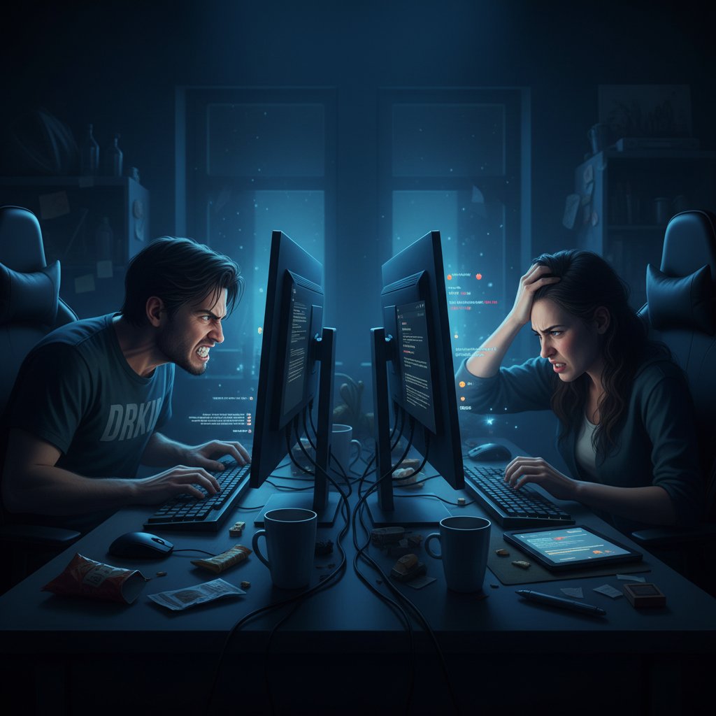 Dyskusja online pełna napięcia i defensywności, dwie osoby kłócą się przed ekranami komputerów