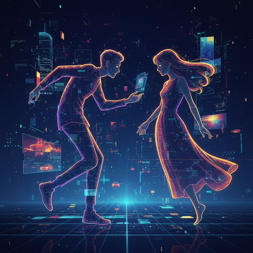 Dwie osoby rozmawiające przez smartfony w nocy, cyfrowa otchłań, lekki surrealizm, emocje i dystans