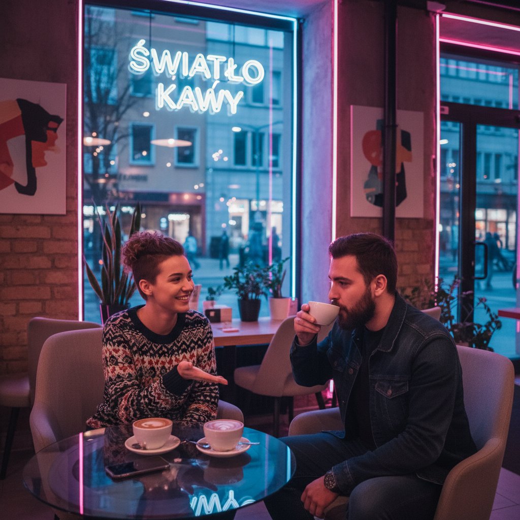 Dwóch młodych ludzi rozmawia w klimatycznej polskiej kawiarni, w tle neony i wyłączony telefon na stole, atmosfera intymna i lekko napięta