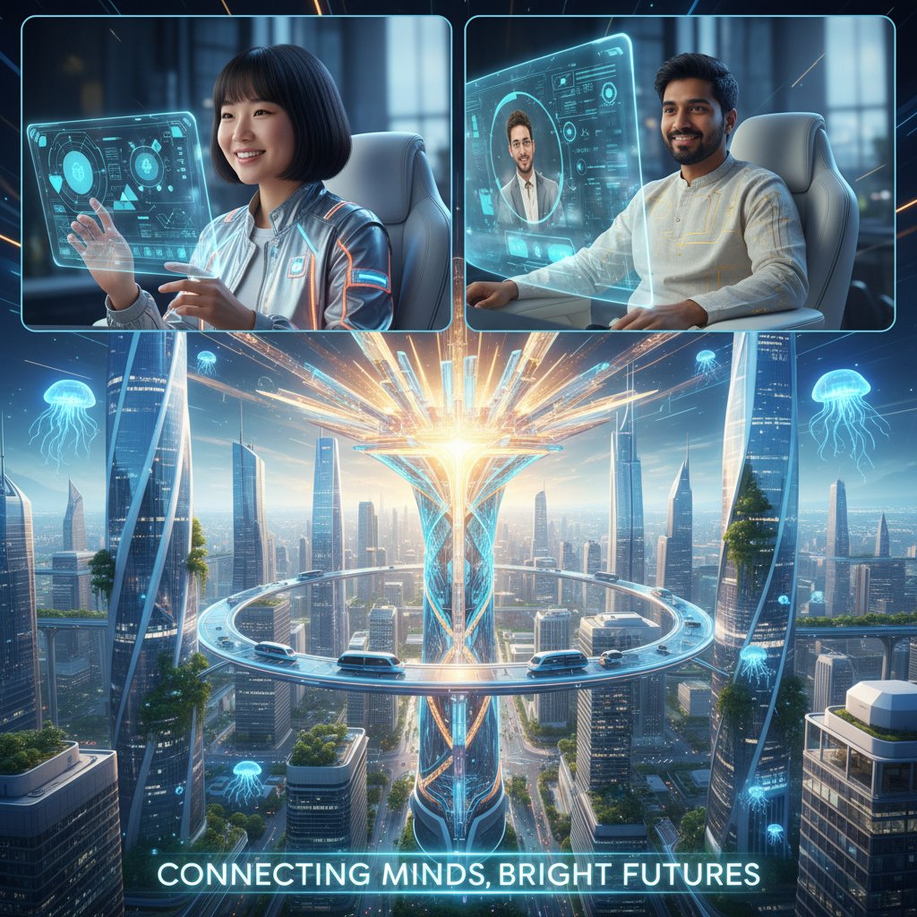 Dwie osoby rozmawiające online na tle futurystycznego miasta, symbole AI i pozytywnej energii