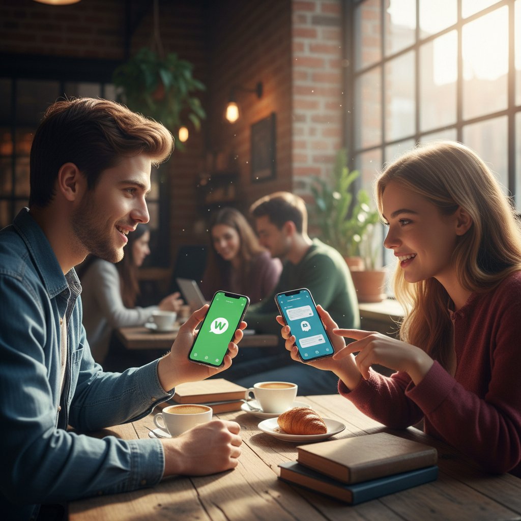 Dwie osoby porównujące aplikacje czatowe na smartfonach przy stole w kawiarni