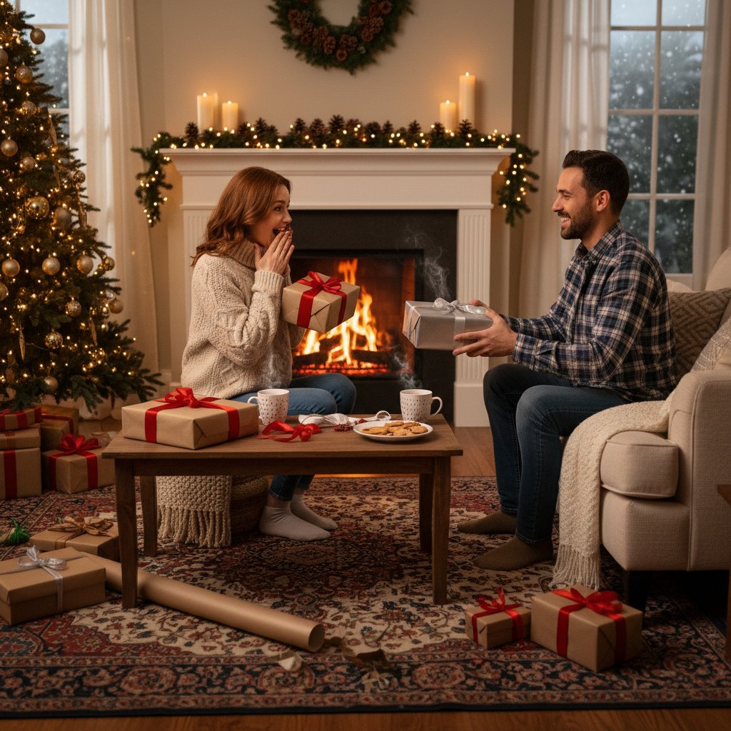 Dwie osoby wymieniające się prezentami, wyraz zaskoczenia