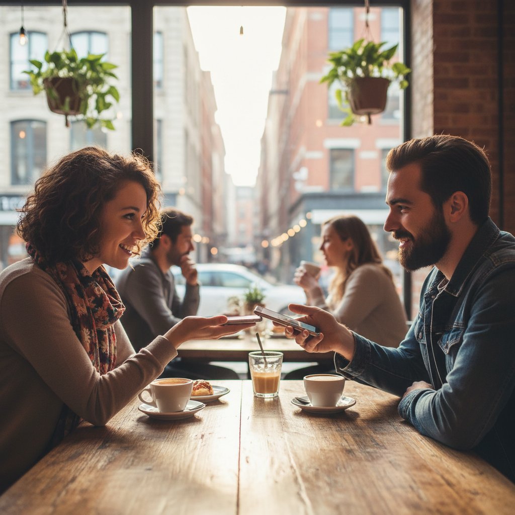 Mężczyzna i kobieta wymieniają się spojrzeniami i smartfonami w nowoczesnej kawiarni, symbolizując codzienne transakcje społeczne