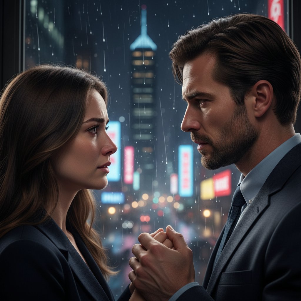 Dwie osoby patrzące sobie w oczy podczas cichej rozmowy, napięcie emocjonalne