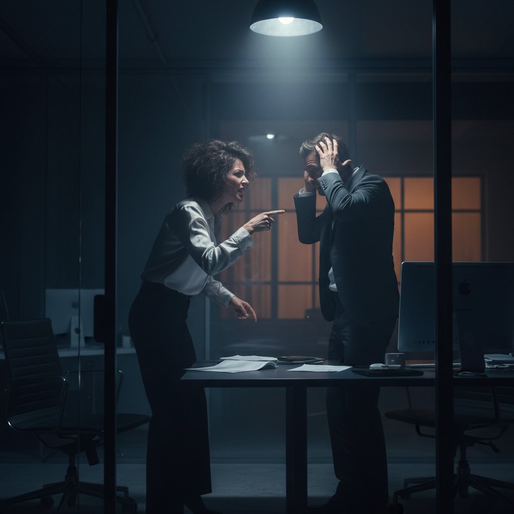 Konflikt w polskim środowisku pracy, dwie osoby w burzliwej dyskusji, biurowe tło, dramatyczny cień