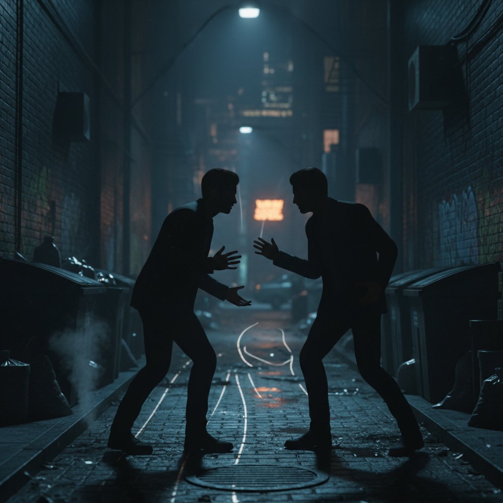 Dwie osoby w cieniu podczas napiętej rozmowy, symbolizujące konflikt i manipulację w relacjach