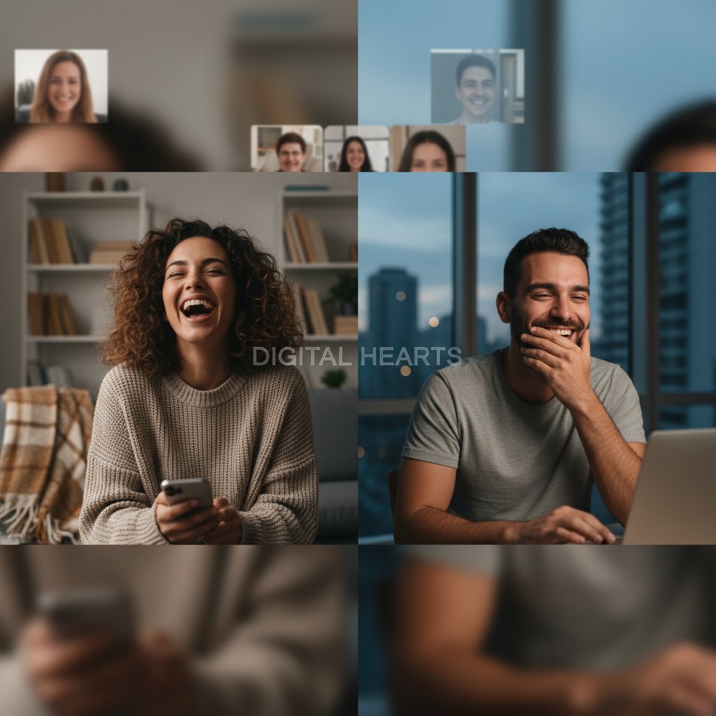 Dwie osoby śmiejące się podczas wideorozmowy online, rozmowy online pełne śmiechu, relacje cyfrowe