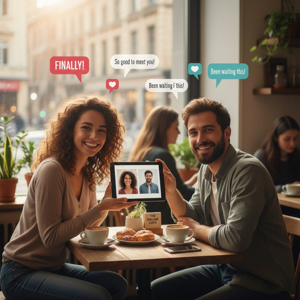 Dwie osoby siedzące w kawiarni, spotkanie po poznaniu się przez czat online; kluczowe słowa: prawdziwe historie, spotkanie po czacie, przyjaźń online