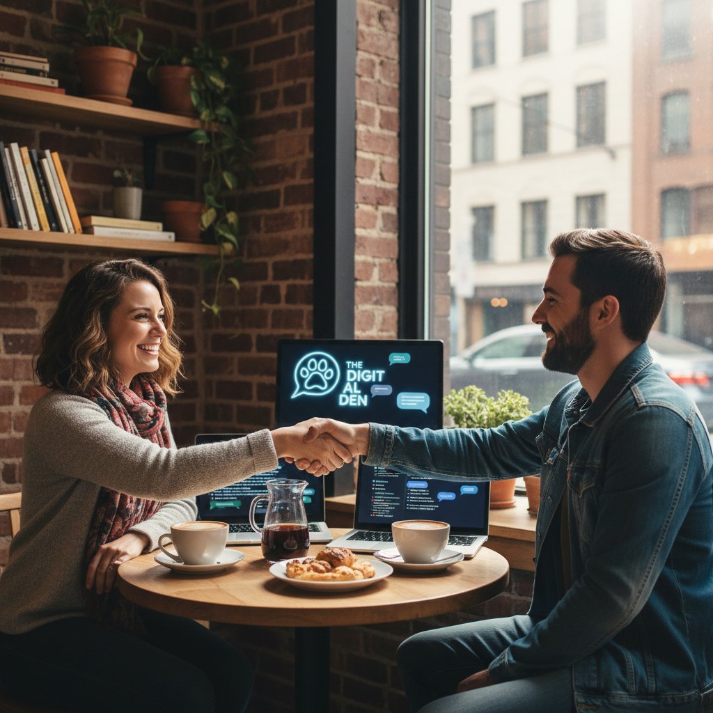 Spotkanie dwojga ludzi na kawie po poznaniu przez forum dla samotnych