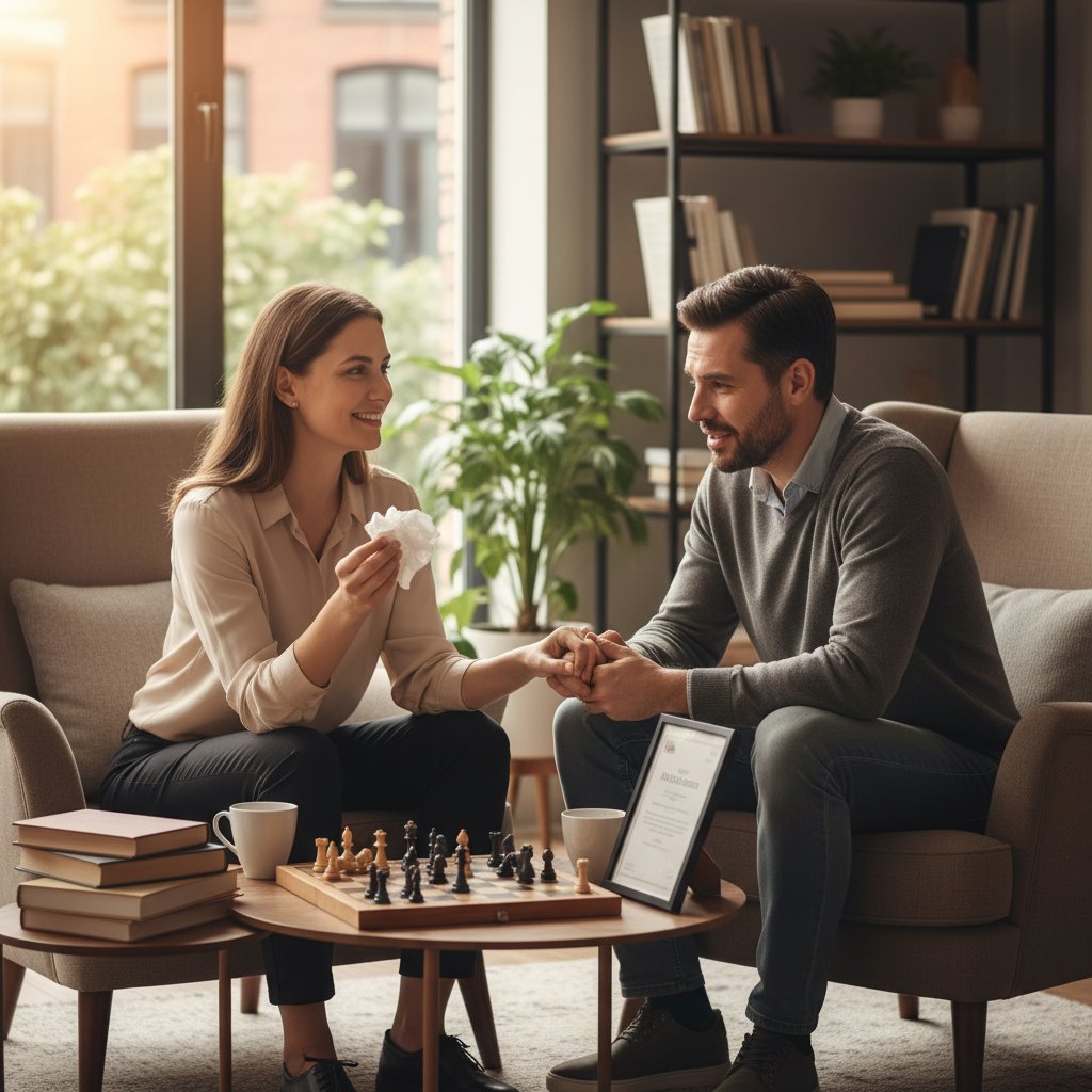 Dwie osoby dzielące się historiami sukcesu i porażki po rozmowie na czacie terapeutycznym