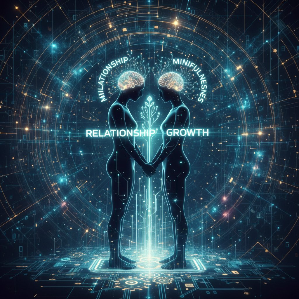 Futuristic, abstract photo—two people’s silhouettes merging with digital patterns, hopeful and edgy mood, relationship mindfulness growth