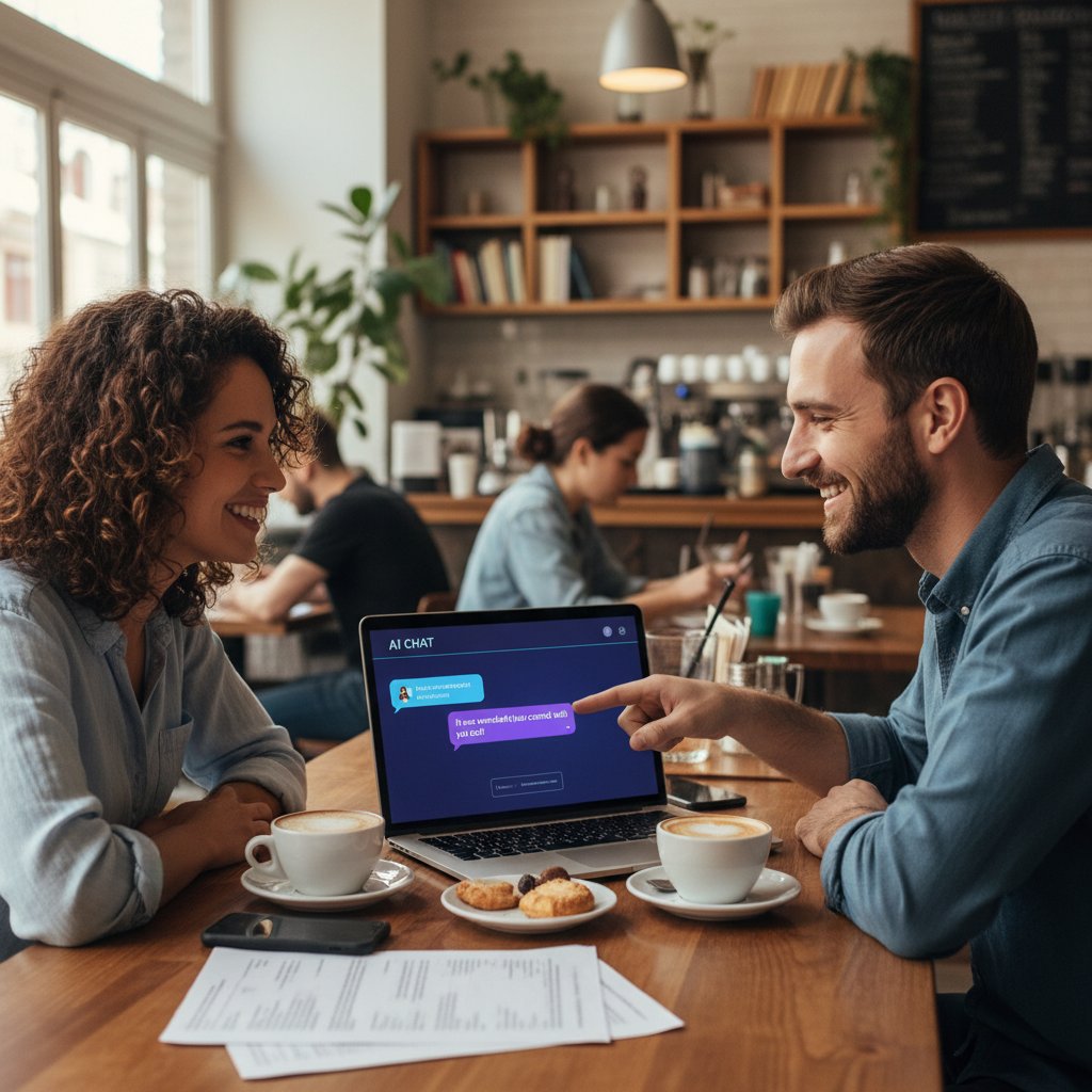 Dwie osoby uśmiechnięte podczas spotkania w kawiarni, obok laptop z aktywnym czatem AI