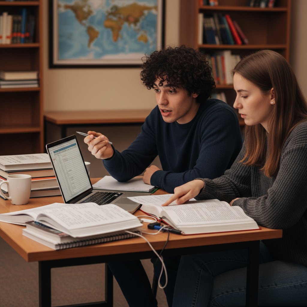 Dwie osoby uczące się razem przy biurku, z laptopem, notatkami i tradycyjnymi książkami