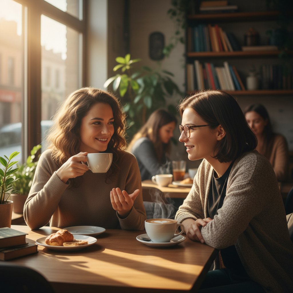 Dwie osoby rozmawiające przy kawie, spotkanie po nawiązaniu znajomości online, ciepła atmosfera