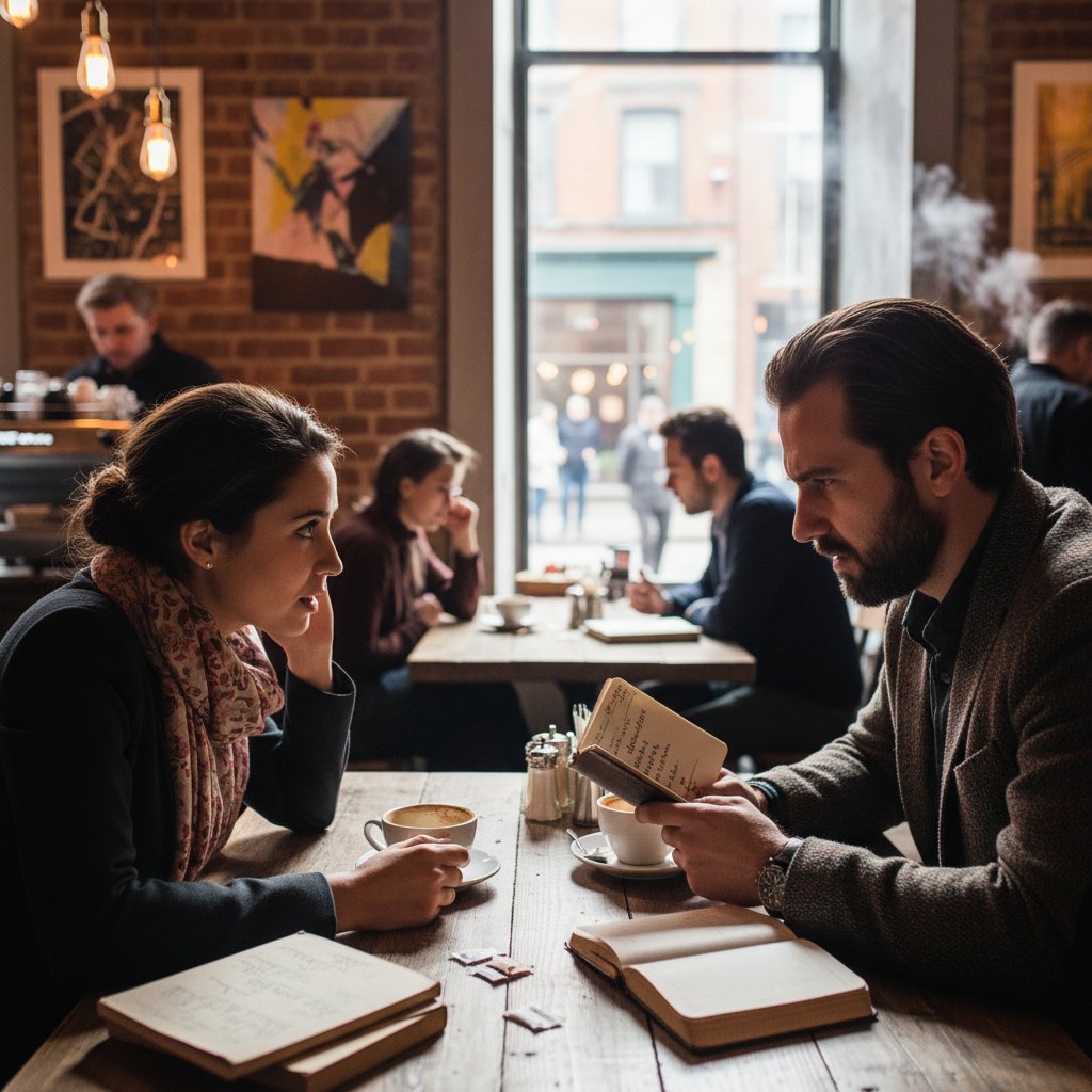 Dwie osoby prowadzą głęboką rozmowę przy stoliku w kawiarni, wyrażając szacunek i empatię