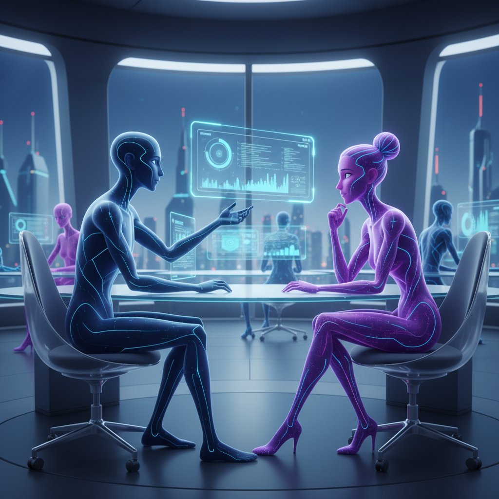 Dwóch ludzi rozmawiających o cyfrowych awatarach, tło biurowe, ekran z animacją AI