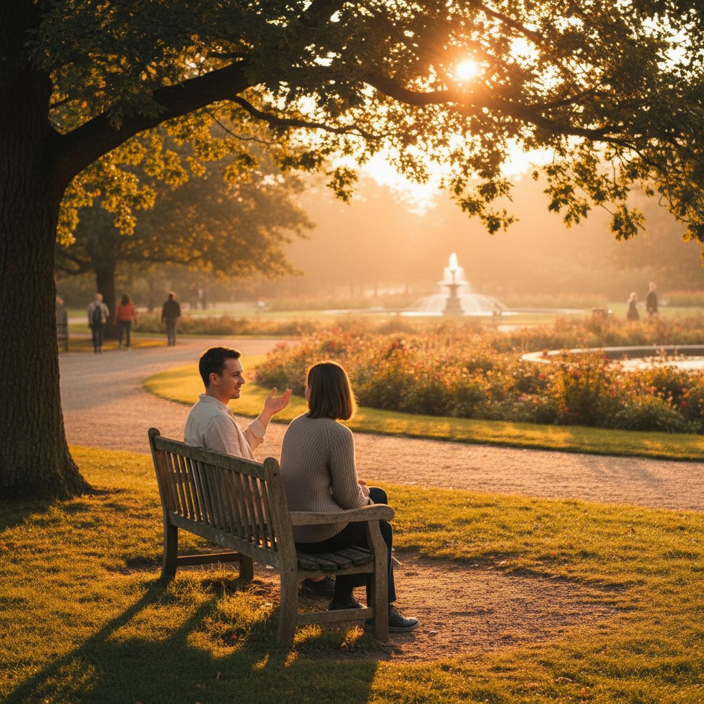 Dwie osoby rozmawiające w parku, symbol tradycyjnych zwierzeń – ciepła, naturalna scena