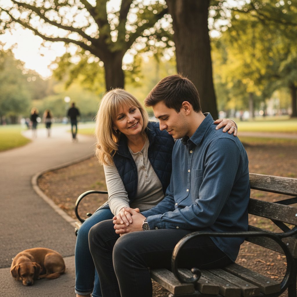 Dwie osoby rozmawiające na ławce w parku – wsparcie, terapia, sygnały ostrzegawcze