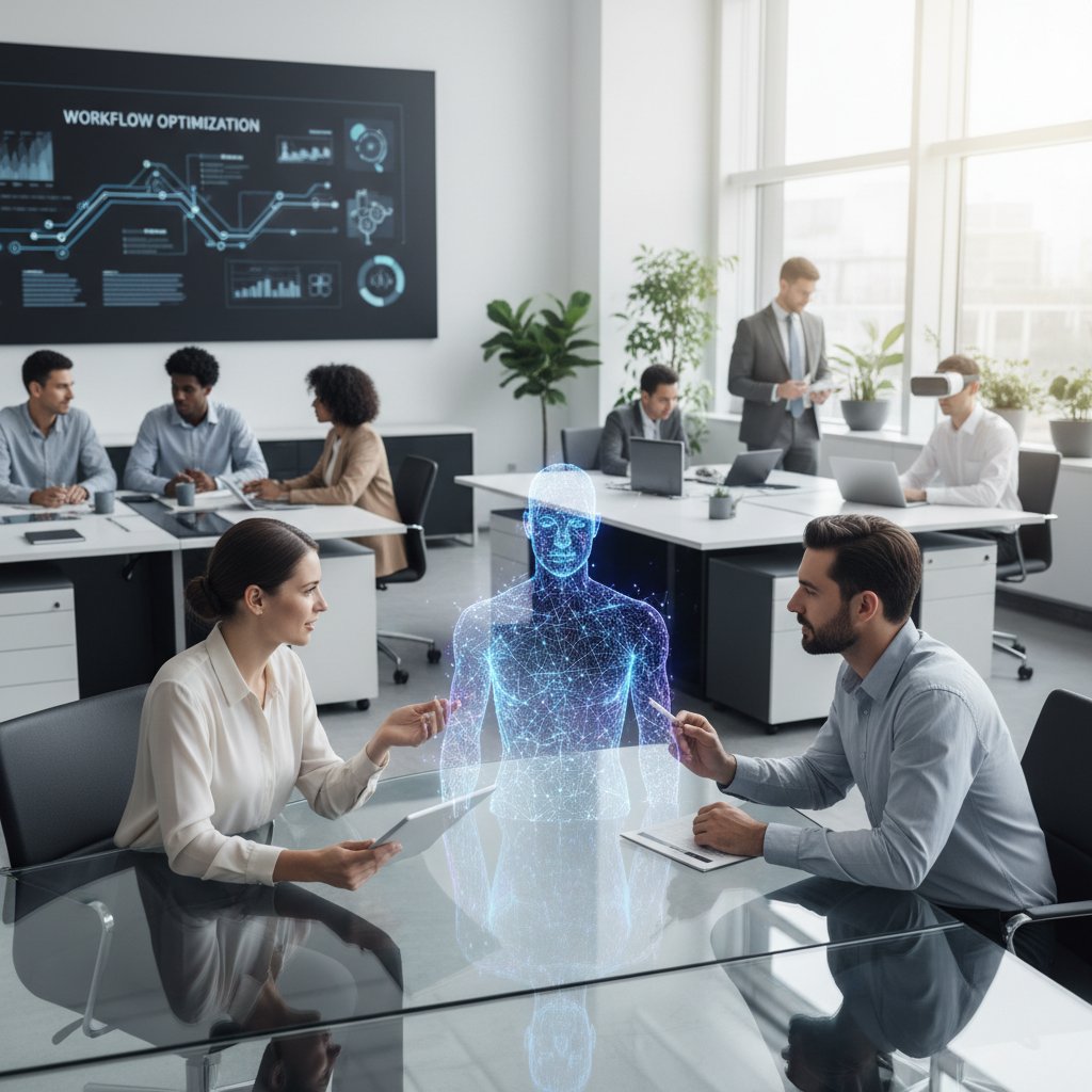Dwie osoby w biurze rozmawiające z AI na ekranie – zmiana kultury pracy