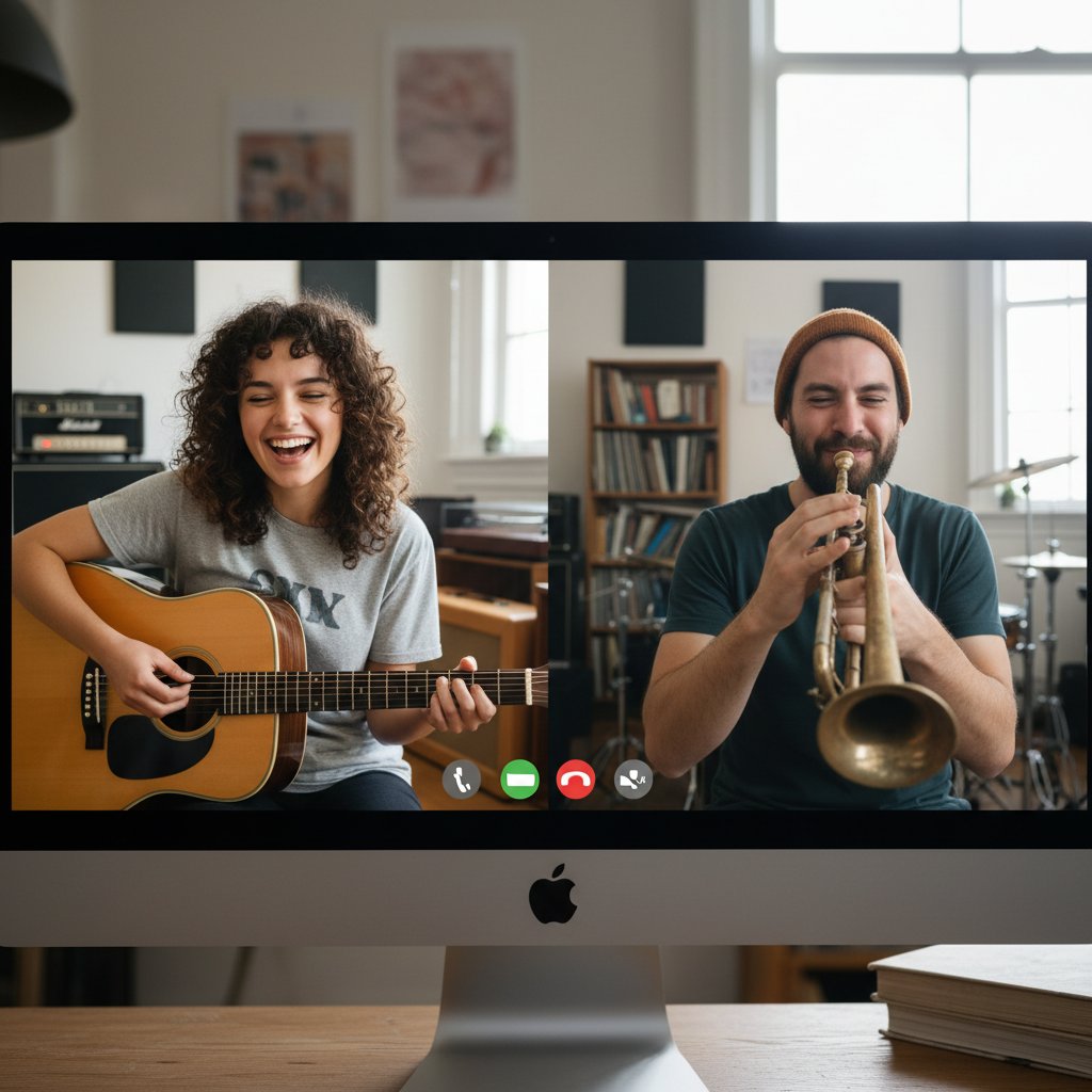 Dwóch muzyków rozmawiających online z instrumentami, ekscytacja i zaangażowanie