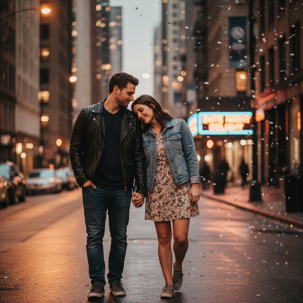 Two people walking under city lights, casual intimacy, real stories from early dating, candid romance