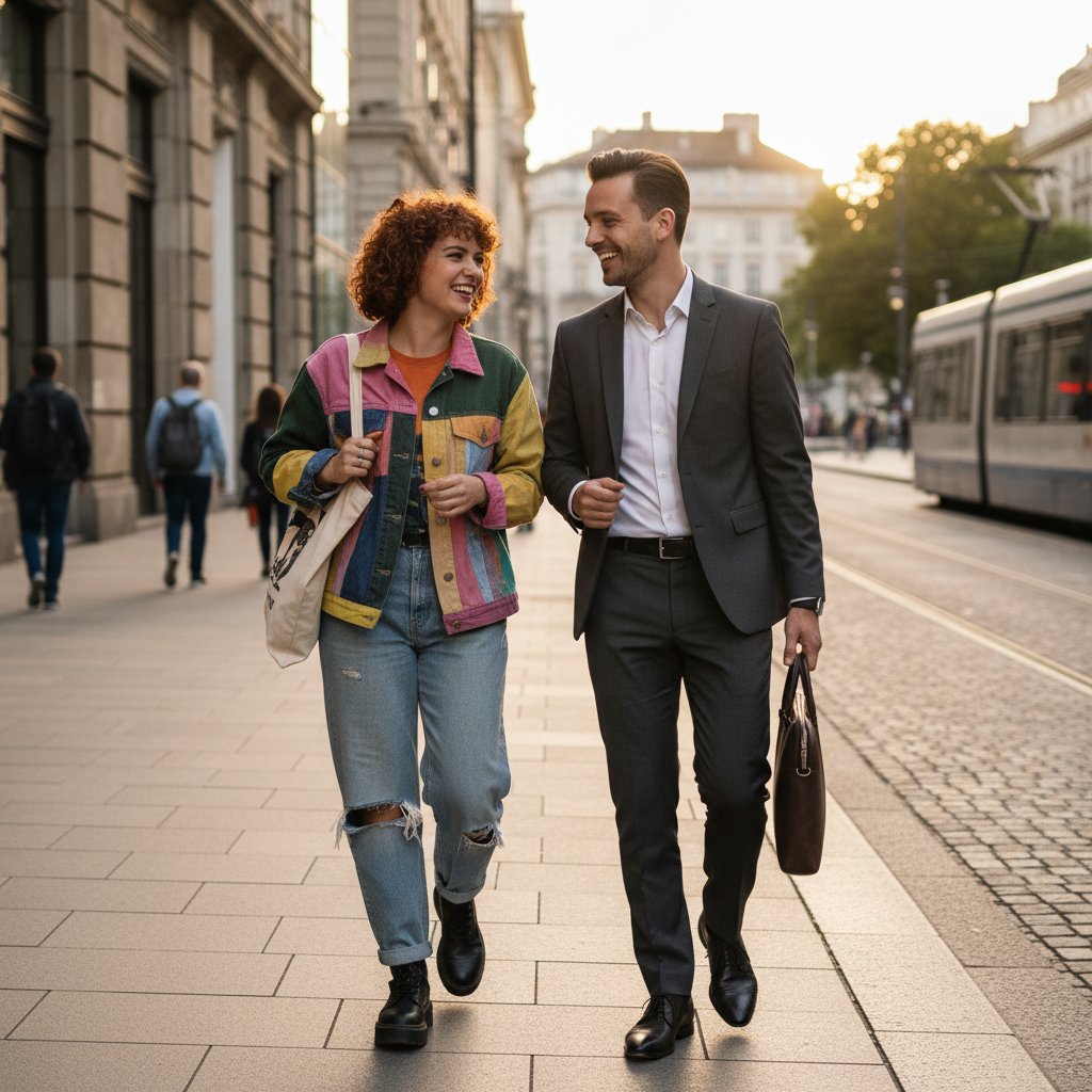 Dwie osoby o różnych stylach, idące razem przez miasto, symbolizujące siłę różnorodności w przyjaźni
