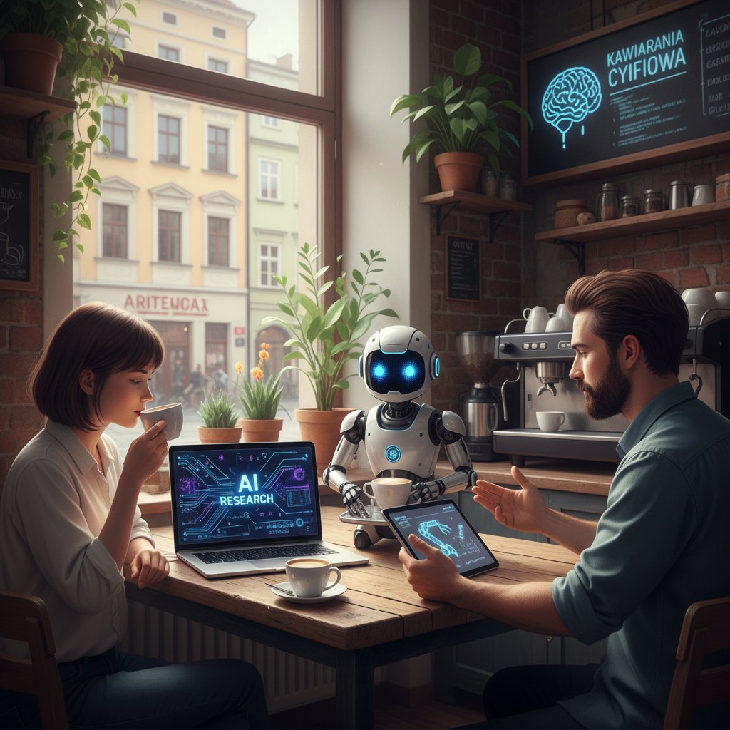 Dwie osoby (jedna ludzka, jedna cyfrowa) rozmawiające przy kawie, polska kawiarnia