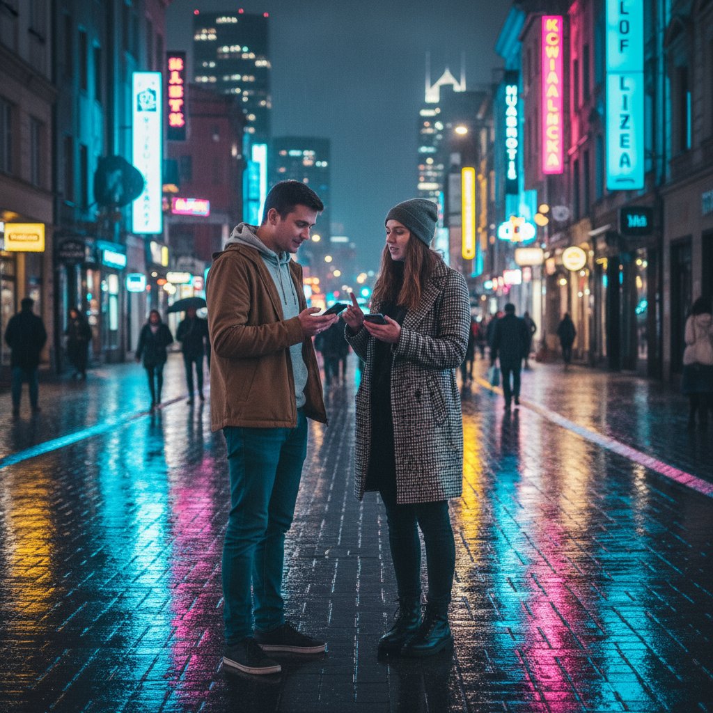 Dwie młode osoby w polskim mieście rozmawiające przez smartfony, neonowe światło, wyrazista atmosfera, noc