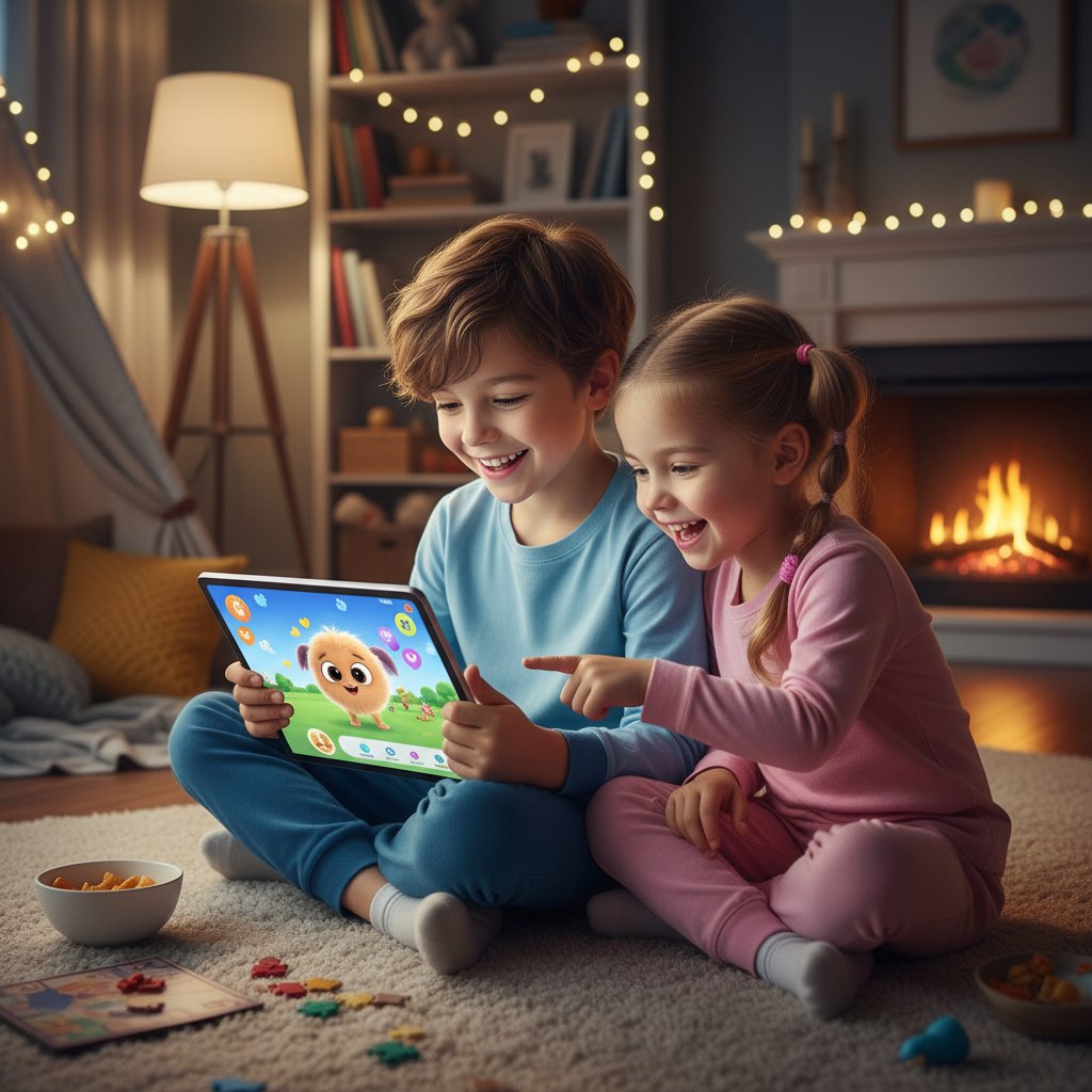 Dwoje rodzeństwa grających razem w symulator psa