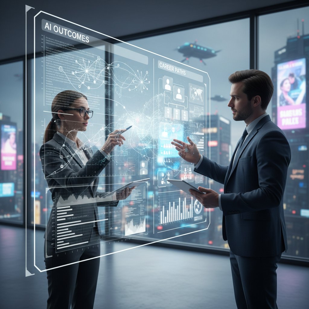 Dwóch specjalistów analizuje wyniki AI na tablecie, szukając nowych możliwości kariery