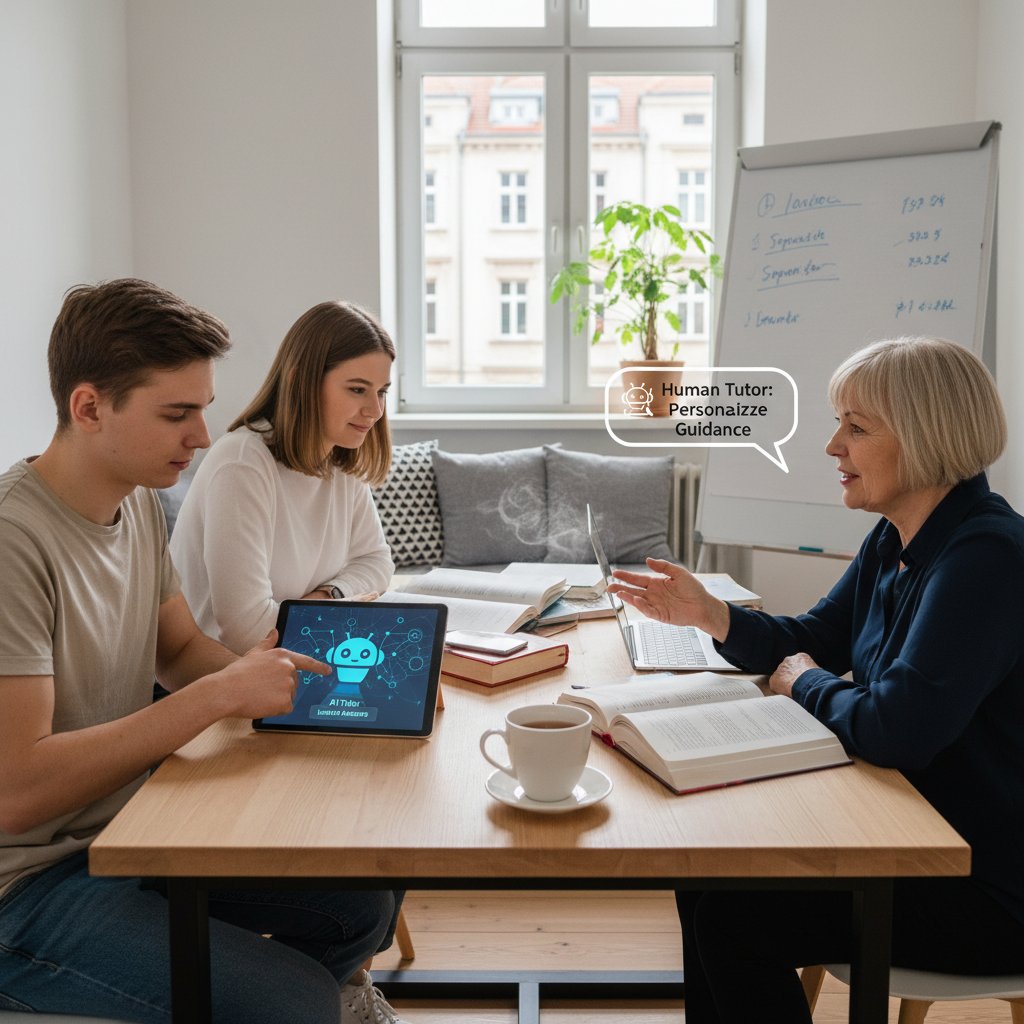Dwóch studentów w polskim mieszkaniu porównuje korepetytora AI z nauczycielem online