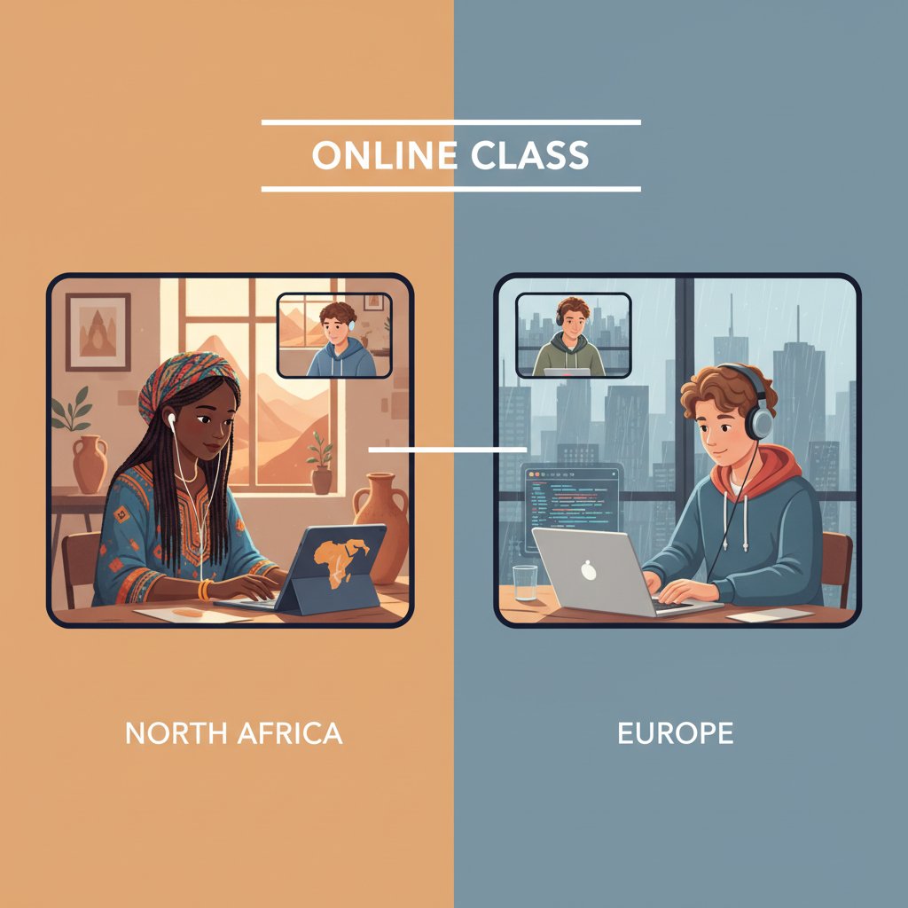 Dwóch uczniów z różnych regionów Polski uczących się online, podzielony ekran, różne środowiska domowe