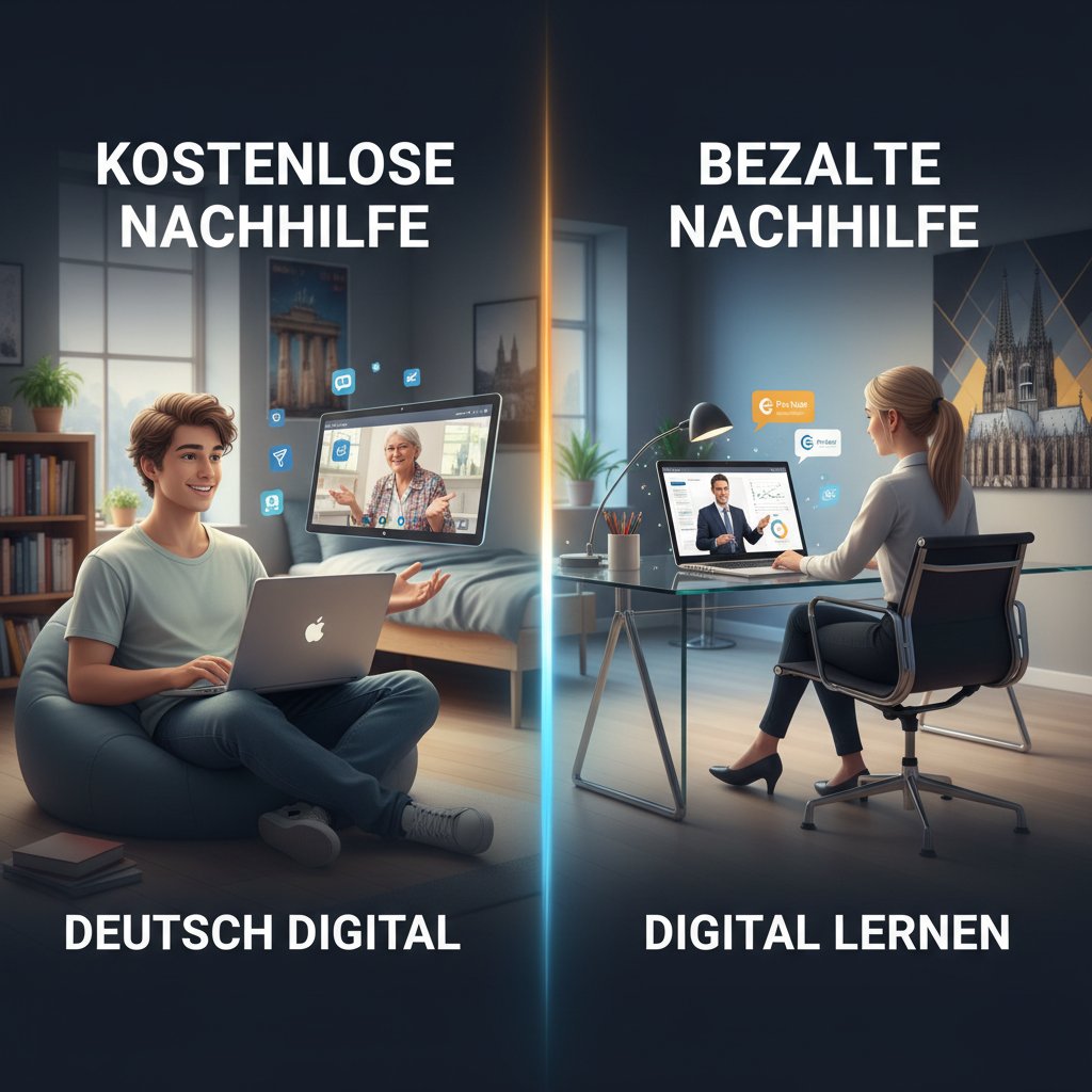 Zwei Schüler:innen am Laptop – eine:r nutzt kostenlose, der:die andere kostenpflichtige Nachhilfe, kontrastierende Lernsituation