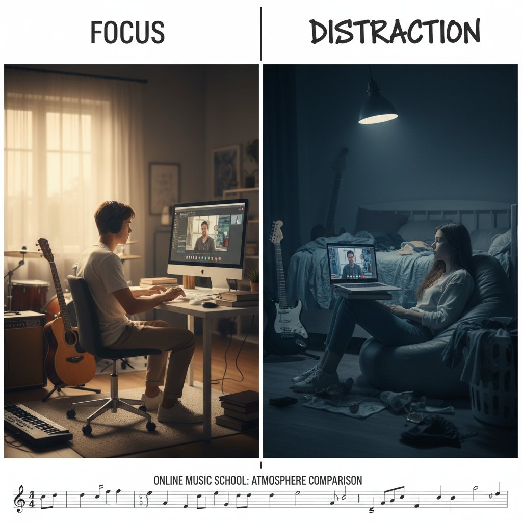 Dwóch uczniów – jeden uczy się online, drugi w szkole muzycznej, porównanie atmosfery