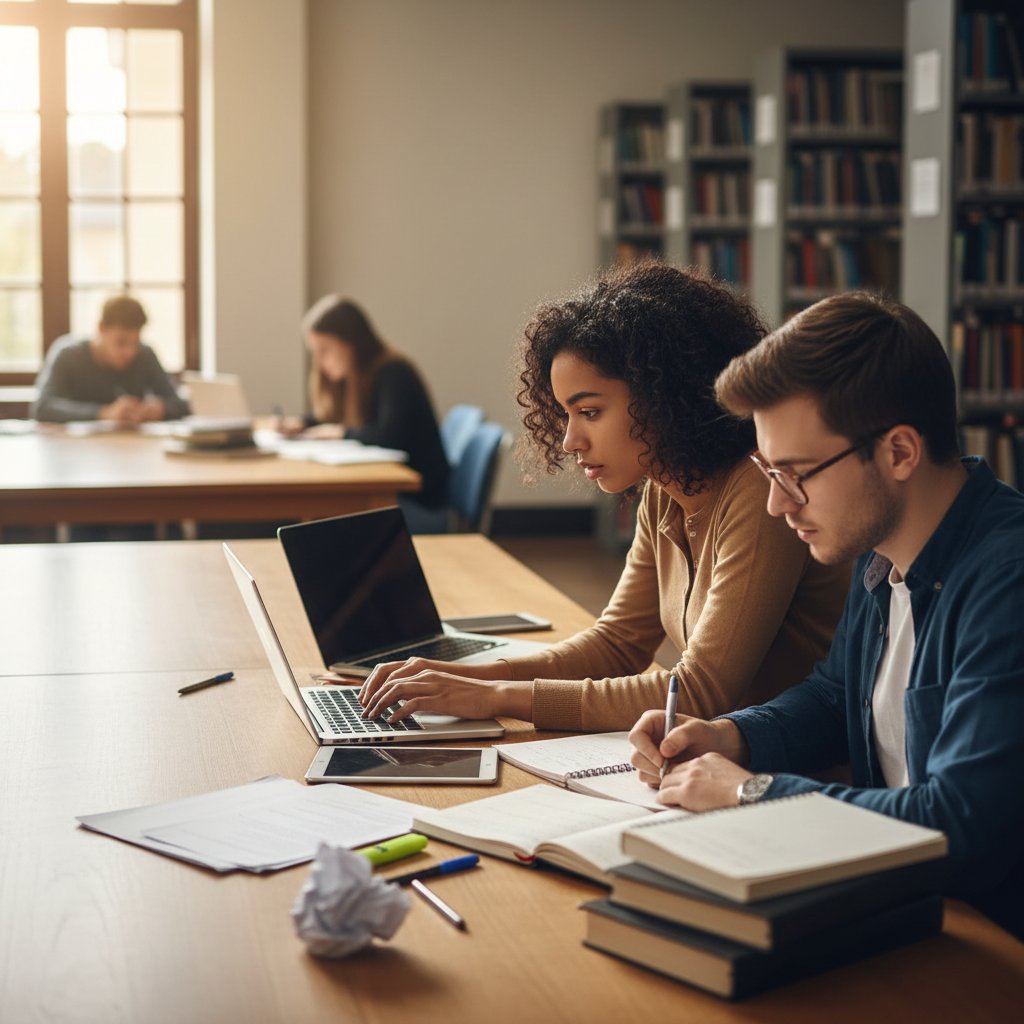 Dwójka uczniów przy wspólnym stole, jeden uczy drugiego, laptop i zeszyty – edukacja grupowa i indywidualna