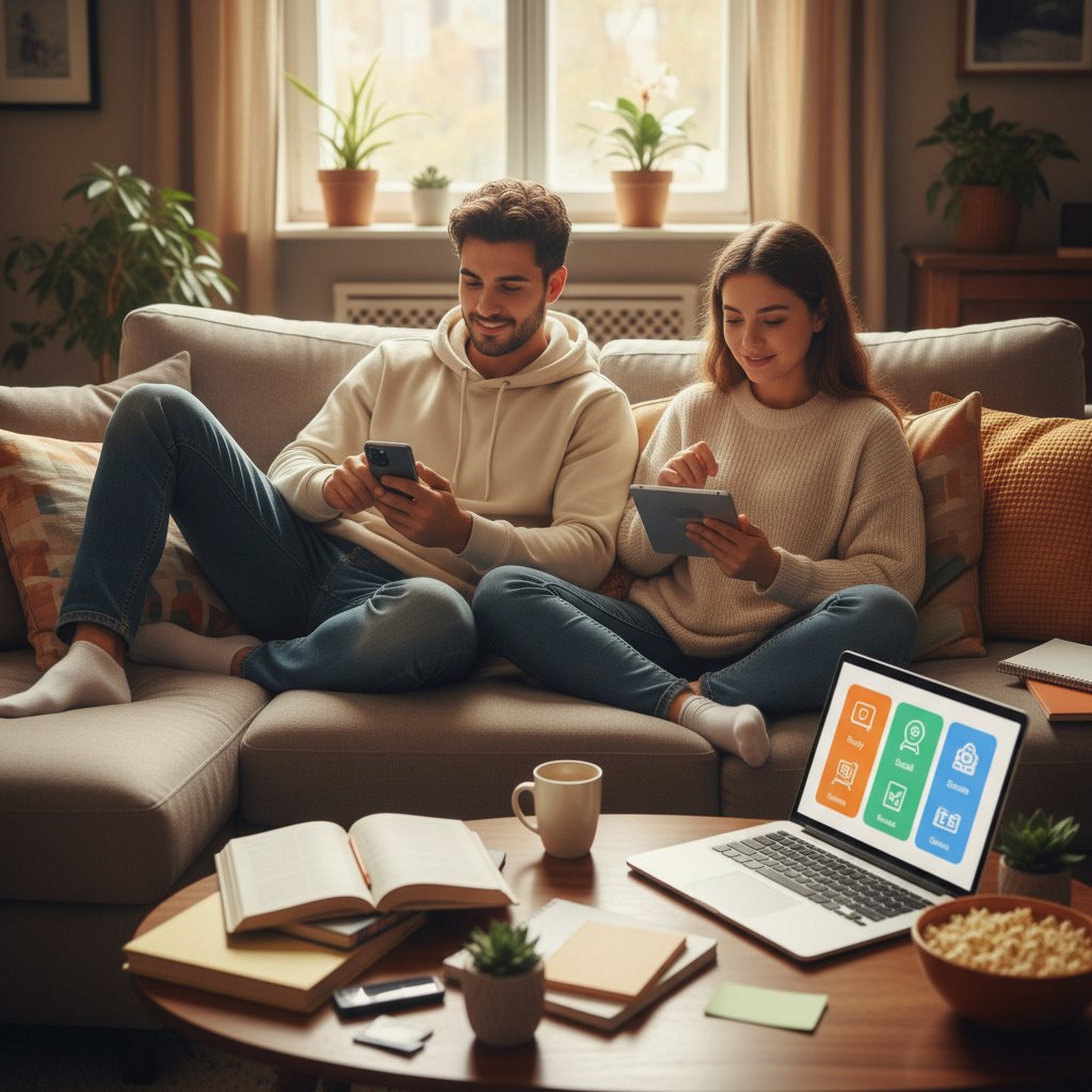 Zwei Schüler lernen entspannt auf dem Sofa mit Laptop, Handy-App für Nachhilfe geöffnet, flexible Lernatmosphäre