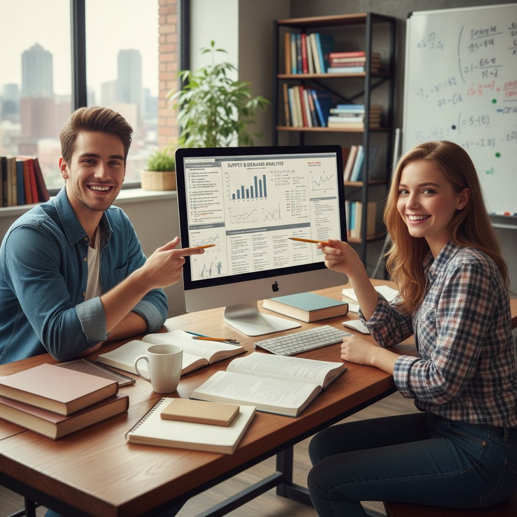 Dwójka uczniów rozwiązuje wspólnie zadania ekonomiczne przy komputerze, uśmiechnięci