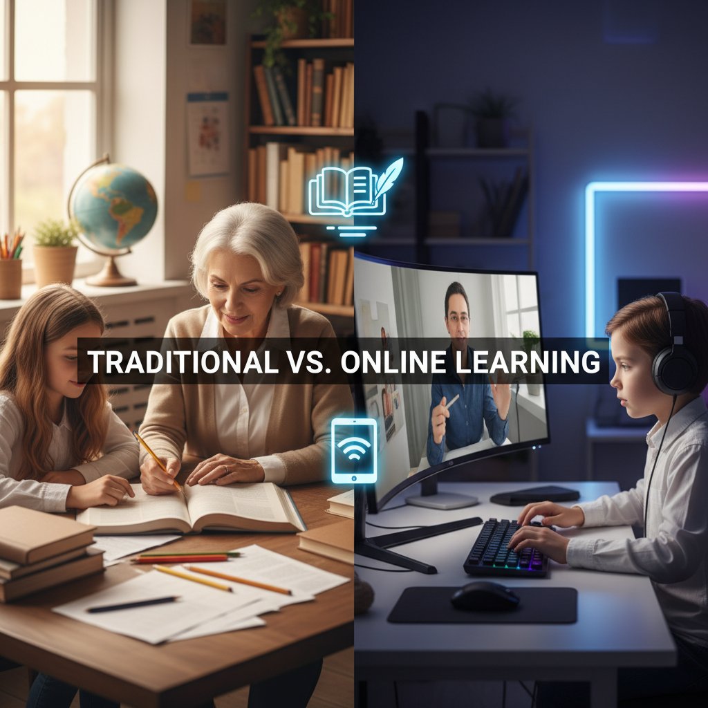 Dwóch uczniów – jeden na tradycyjnych korepetycjach, drugi korzysta z platformy online, kontrast dwóch różnych stylów nauki