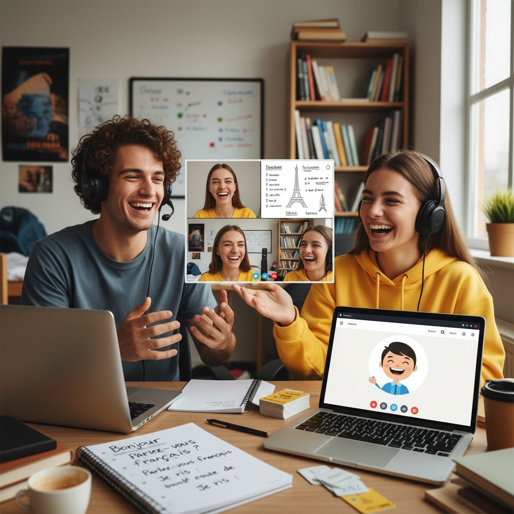 Dwójka uczniów rozmawia online po francusku przez wideo, śmieją się, na ekranie widoczne notatki