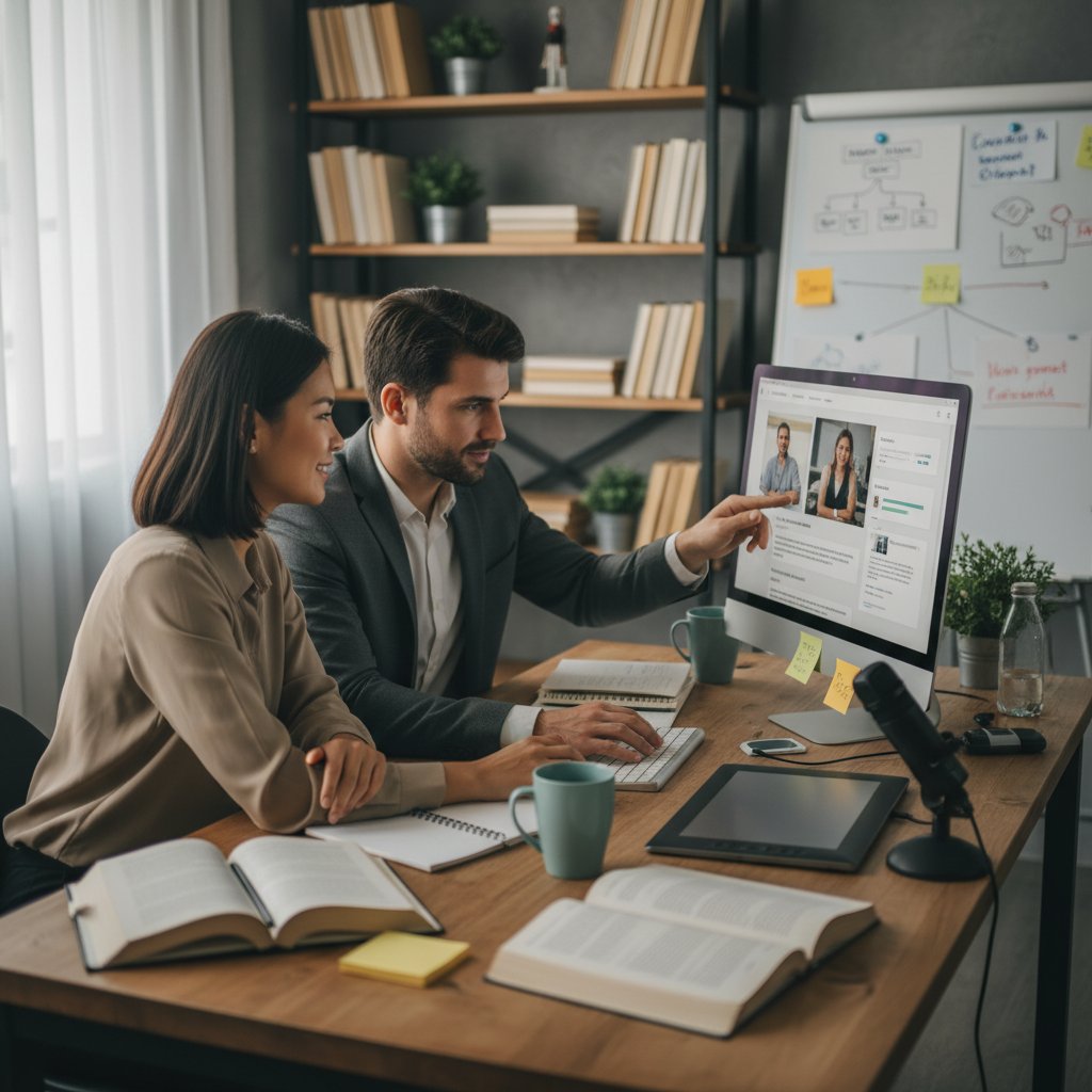 Dwóch nauczycieli pracujących nad materiałami do kursu online, komputer, notatki i książki, atmosfera współpracy