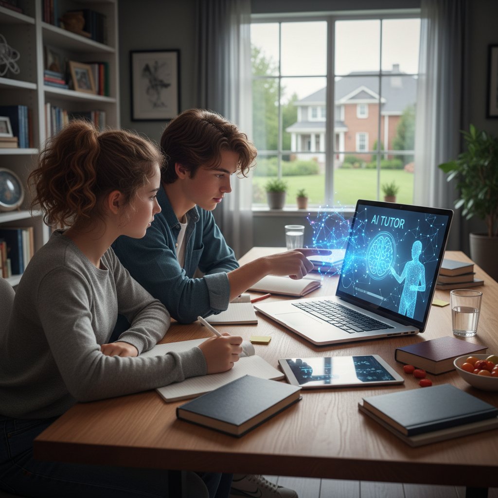 Zwei Jugendliche, einer lernt mit einem Chatbot am Laptop, der andere mit klassischem Nachhilfelehrer – symbolischer Vergleich